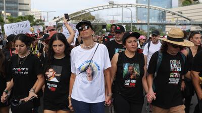 Families of Israeli hostages held by Hamas in Gaza march during a rally, in Tel Aviv, Israel, November14, 2023. EPA