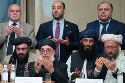 Taliban political chief Sher Mohammad Abbas Stanikzai, his deputy Abdul Salam Hanafi and other group leaders during the "intra-Afghan" talks in Moscow. AP