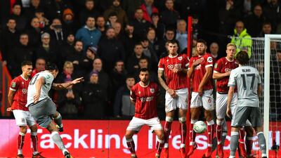 Zlatan Ibrahimovic scores from a free-kick to equalise for Manchester United. Dan Mullan / Getty Images