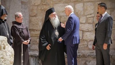 US President Joe Biden meets clergy at the Church of Nativity in Bethlehem, in the occupied West Bank. Reuters