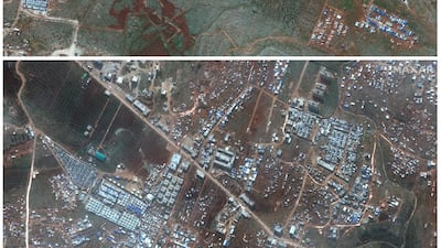 This combination of satellite images provided by Maxar Technologies shows an area near Deir Hassan in northern Syria's Idlib province near the Turkish border on Feb. 5, 2019, top, and the same area with a large number of refugee tents for internally displaced people on Feb. 16, 2020, bottom. The difference between the two images illustrates the rapid expansion of refugees as hundreds of thousands of civilians in the area are scrambling to escape a widening, multi-front offensive by Syrian President Bashar Assad's forces. AP