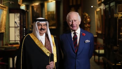 King Charles III with King Hamad Bin Isa Al Khalifa, King of the Kingdom of Bahrain, at Windsor Castle, Berkshire, during his visit to the UK to mark the year of his Silver Jubilee. Picture date: Monday November 11, 2024. PA Photo. See PA story ROYAL Bahrain. Photo credit should read: Aaron Chown/PA Wire