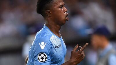 Lazio's Balde Diao Keita celebrates after scoring the lone goal in his side's 1-0 Champions League play-off first leg win against Bayer Leverkusen in Rome on Tuesday. Alberto Pizzoli / AFP