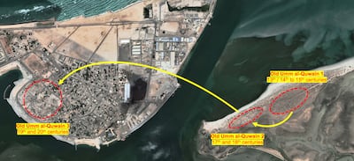 Work on Al Sinniyah Island shows the two recently discovered towns, right, and modern-day UAQ. Photo: UAQ’s Tourism and Archaeology Department
