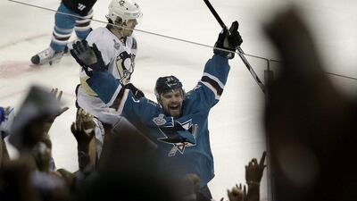 San Jose right wing Joonas Donskoi celebrates after scoring the winning goal in Game 3 of the Stanley Cup finals. Eric Risberg / AP Photo