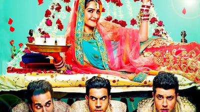 Sonam Kapoor, top, with, bottom from left, Pulkit Samrat, Rajkummar Rao and Varun Sharma. Courtesy Arbaaz Khan Productions