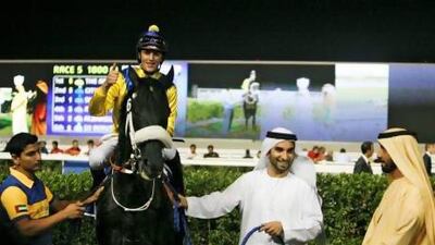 Jockey Christophe Soumillon took The Apache to the winner's circle for Mike de Kock, one of three winners the South African trainer had on the evening on the fourth meet of the Dubai World Cup Carnival at Meydan Racecourse.