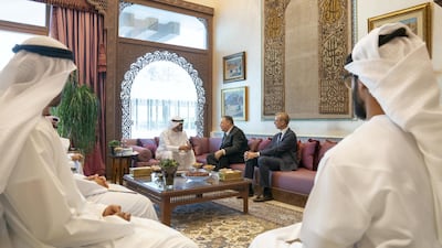 Sheikh Mohamed bin Zayed, Crown Prince of Abu Dhabi and Deputy Supreme Commander of the Armed Forces (back left), meets Mike Pompeo, US Secretary of State, at Sea Palace. Mohamed Al Hammadi / Ministry of Presidential Affairs