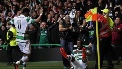Celtic’s Moussa Dembele celebrates scoring their third goal against Manchester City. Lee Smith / Reuters