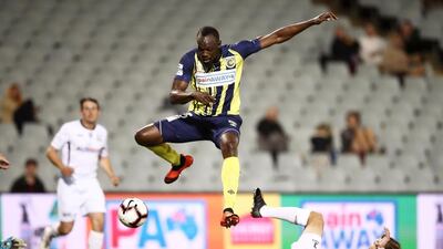 Usain Bolt in action for the Mariners against Macarthur South West United during a pre-season friendly at Campbelltown Sports Stadium in Sydney. Getty Images