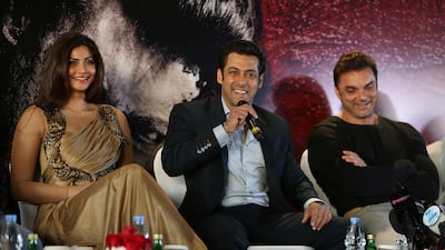 Bollywood stars Daisy Shah and Salman Khan, centre, and producer and director Sohail Khan meet the media in the Meydan Hotel, Dubai. The trio were in town to promote their action drama ‘Jai Ho’, the story of one man’s battle against corruption and injustice. Pawan Singh / The National