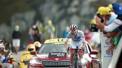 UAE Team Emirates rider Tadej Pogacar battles to the finish line. Reuters