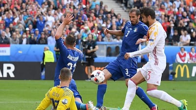 David De Gea felt angry with himself for parrying an Eder free-kick into the path of Giorgio Chiellini for the first goal. But he will also have noted that Chiellini had picked up the loose ball quicker than any Spaniard. Georgi Licovski / EPA