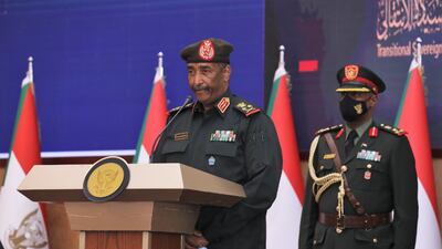 Sudan's top military official, Gen Abdel Fattah Al Burhan, speaking after the signing of an agreement with Prime Minister Abdalla Hamdok in Khartoum. Photo: Republican Media Palace via EPA