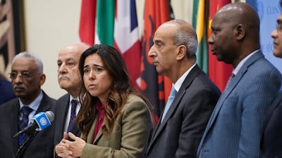 Lana Nusseibeh, who was UAE ambassador to the UN at the time, speaks alongside representatives from other nations in December 2023 in New York. Reuters