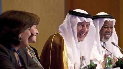 Press conference for the Arab Thought Foundation launching the Sixth Arab Cultural Development Report at the Ritz Carlton Hotel in DIFC. From left, Dr Mounira Al Nahedh, Dr Lana Mamking, Prince Khalid Al Faisal Al Saud, president of the foundation, and Bilal Bdour. Antonie Robertson / The National