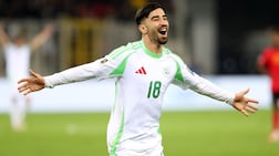 Algeria's Mohamed Amoura celebrates his goal during a World Cup qualifier against Mozambique. Getty Images