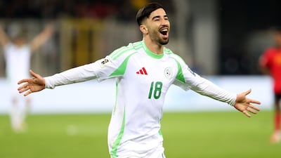 Algeria's Mohamed Amoura celebrates his goal during a World Cup qualifier against Mozambique. Getty Images