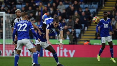Leicester's Caglar Soyuncu heads the ball clear Newcastle. AP