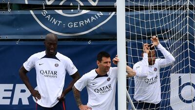 Danilo Pereira, Lionel Messi and Neymar during training on Friday. AFP