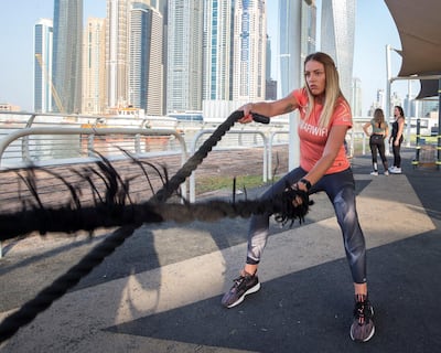 Lolla Todorovic get to grips with a workout at Skydive Dubai. Leslie Pableo for The National