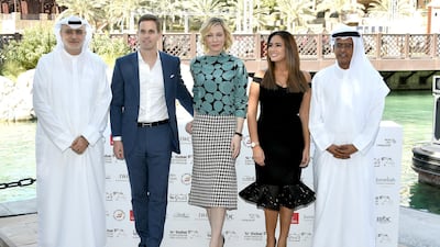 From left: Diff Artistic Director Masoud Amralla Al Ali, IWC Schaffhausen CEO Christoph Grainger-Herr, actors Cate Blanchett, Hend Sabry and Diff Chairman Abdulhamid Juma attend the IWC Photocall on day two. Vittorio Zunino Celotto / Getty Images for Diff