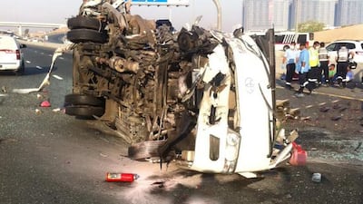 Thirteen people died and 16 were injured when a bus crashed into a truck parked on the side of Emirates Road early Saturday morning. Photo Courtesy-Dubai Security