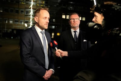 Sanjay Shah's defence lawyers Mikael Skjoedt and Kaare Pihlmann speak to the media in Glostrup. Reuters