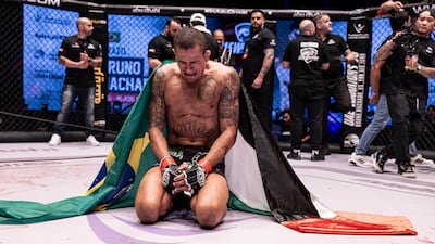 An emotional Bruno Machado after retaining his UAE Warriors lightweight title at the Etihad Arena on Saturday, February 25, 2023.