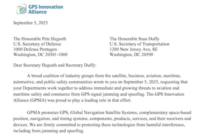 GPSIA wrote to the US Secretary of Defence and Secretary of Transportation, calling for more federal efforts to curb GPS jamming.