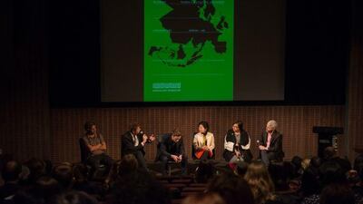 Sharjah Biennial 11 Panel Discussion, January 2013, The Museum of Modern Art, New York. Photograph by Scott Rudd