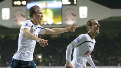 Roberto Soldado, right, scored for Tottenham Hotspur on Sunday night, but Harry Kane was man of the match. Eddie Keogh / Reuters