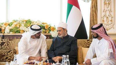 Sheikh Mohamed bin Zayed Al Nahyan, Crown Prince of Abu Dhabi and Deputy Supreme Commander of the UAE Armed Forces (L), meets with Dr Sheikh Ahmad Muhammad Al Tayyeb Grand Sheikh of the Al Azhar University and Grand Imam of the Al Azhar (C), and HH Sheikh Ammar bin Humaid Al Nuaimi, Crown Prince of Ajman (R), during a Sea Palace barza. Ryan Carter.