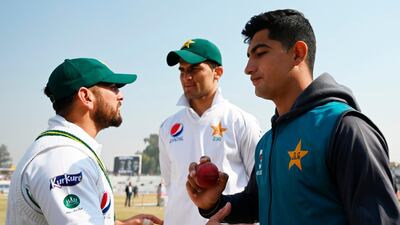 Pakistan's Naseem Shah, right, and Yasir Shah, left, finished with four wickets each in the second innings of the Rawalpindi Test against Bangladesh. AFP