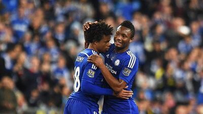 Chelsea's John Obi Mikel, right, embraces teammate Loic Remy after Remy's goal against Sydney FC in a friendly on Tuesday in Australia. Dan Himbrechts / EPA / June 2, 2015