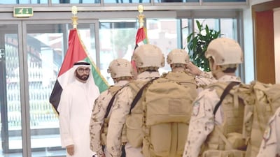Members of the UAE Armed Forces are welcomed back from Yemen after liberating Aden. Seen with Mohammed Al Bowardi, Minister of State for Defence Affairs. Wam