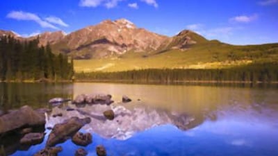 Pyramid lake in Jasper National Park, Canada.