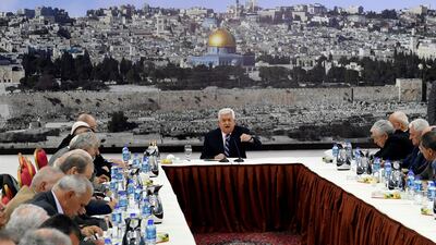 Palestinian President Mahmoud Abbas, centre, referred to US ambassador David Friedman as a 'son of a dog'. Palestinian President Office / Reuters