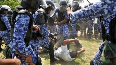 Riot police confronted protesters during an opposition-led demonstration held in Malé in May to protest against soaring prices and demand that President Mohamed Nasheed resign.