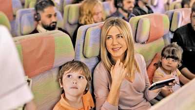 Hollywood actress, director and producer Jennifer Aniston makes a return to the Emirates A380, and makes a new friend, in a new global digital and TV advertising campaign in 2016. Courtesy Emirates