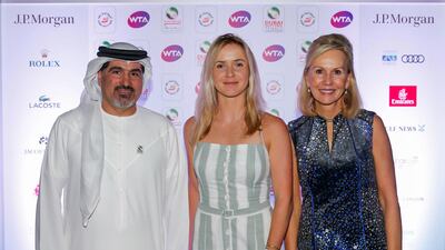 Salah Tahlak, tournament director, Elina Svitolina, centre, and Micky Lawler, WTA president, cente, at the WTA Dubai Duty Free Tennis Championships' Players' Party. Courtesy Dubai Duty Free Tennis Championships