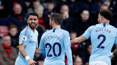 Manchester City's Riyad Mahrez celebrates scoring their only goal with teammates. Action Images via Reuters