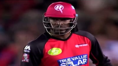 In this YouTube screenshot, Chris Gayle continues his march to a 12-ball 50 in the Big Bash League.