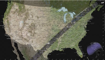 A Nasa map shows the path where the Moon will completely block the Sun. Photo: Nasa