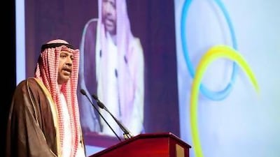 Ahmed bin Fahad Al Subah, President of the Kuwait Olympic Committee speaking at the ceremony to honor Sheikha Fatima bint Mubarak. Courtesy Wam