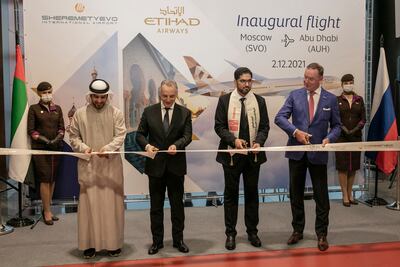 Ali Al Shaiba, executive director of tourism and marketing at DCT Abu Dhabi; Mikhail Vasilenko, general director of SVO Airport; Mohammed Al Jaber, UAE Ambassador to Russia; and Tony Douglas, group chief executive officer, Etihad Aviation Group. Photo: Etihad
