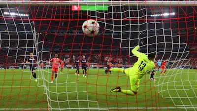 Bayern Munich's Leroy Sane scores the first goal in the 5-0 Champions League win against Viktoria Plzen at Allianz Arena on October 4, 2022. Getty