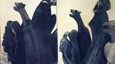 + Khaled TAKRETI, Notre-Dame, 2019. Acrylique sur toile, diptyque, 130 x 194 cm.