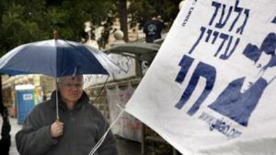 Noam Shalit, the father of captured Israeli soldier Gilad Shalit, stands outside a protest tent set up in front of Prime Minister Ehud Olmert's house in Jerusalem.