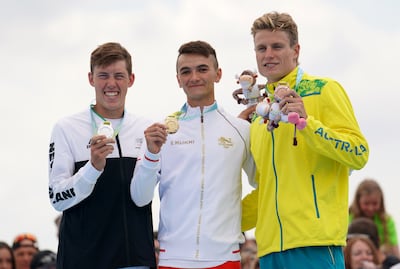 Left to right: 2022 Commonwealth Games triathlon silver medalist Hayden Wilde, gold medal winner Alex Yee and Matthew Hauser who took bronze. PA